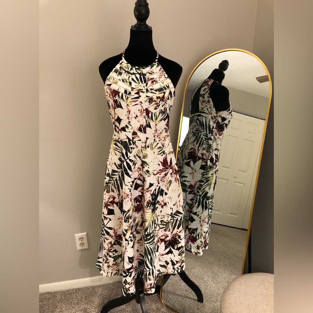 MIDI-length halter top tropical floral print dress